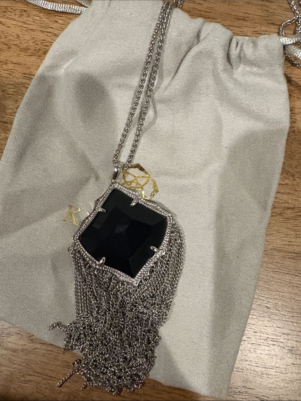 Kendra Scott Silver-Tone Necklace with Black Faceted Gem and Tassel